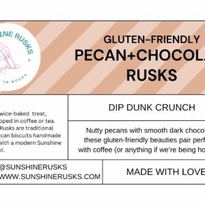 GF Pecan+Chocoalte Rusks label of brown and light brown stripes, describes the gluten free rusk.